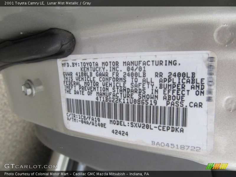 Lunar Mist Metallic / Gray 2001 Toyota Camry LE