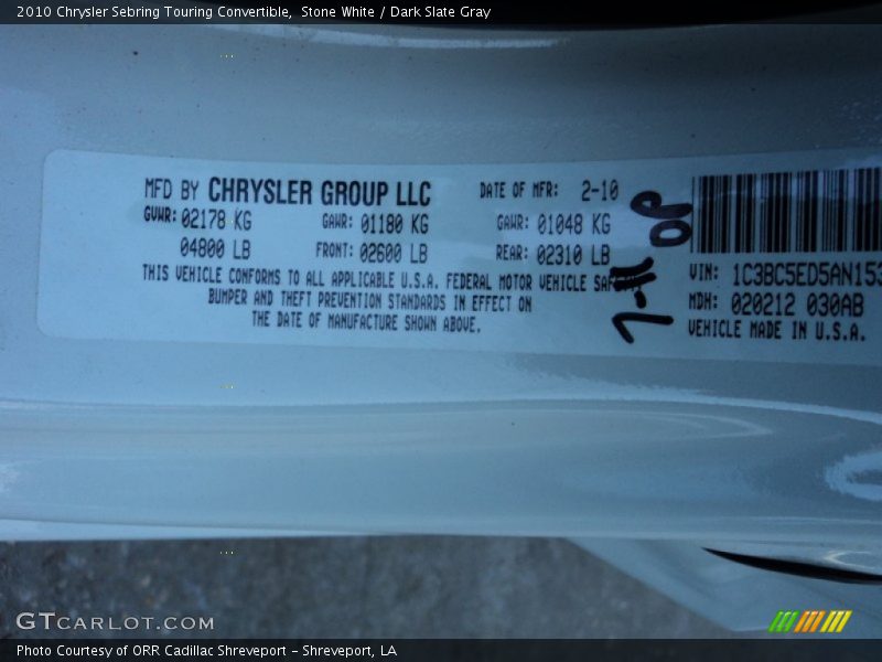 Stone White / Dark Slate Gray 2010 Chrysler Sebring Touring Convertible