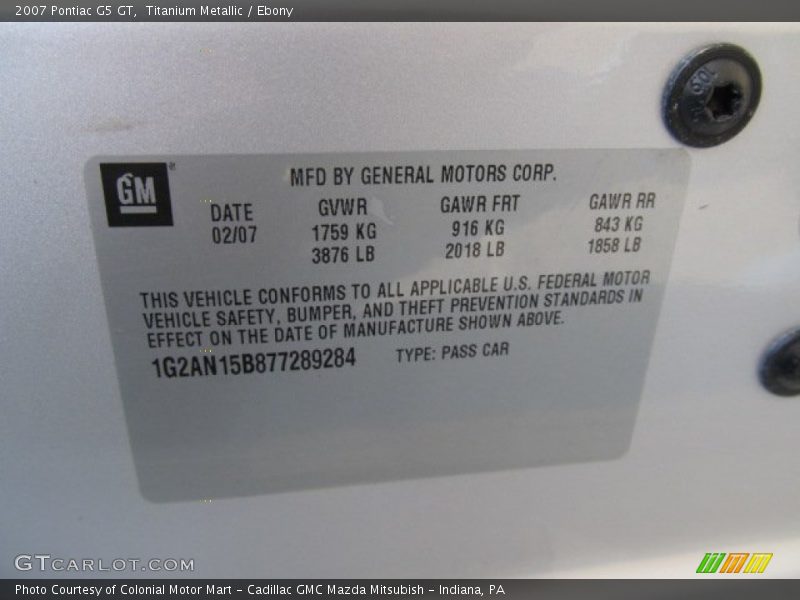 Titanium Metallic / Ebony 2007 Pontiac G5 GT