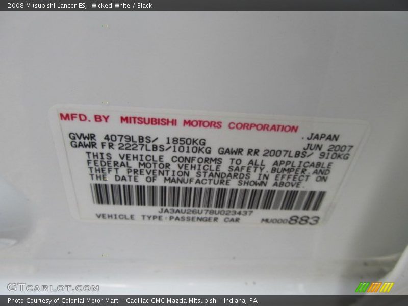 Wicked White / Black 2008 Mitsubishi Lancer ES