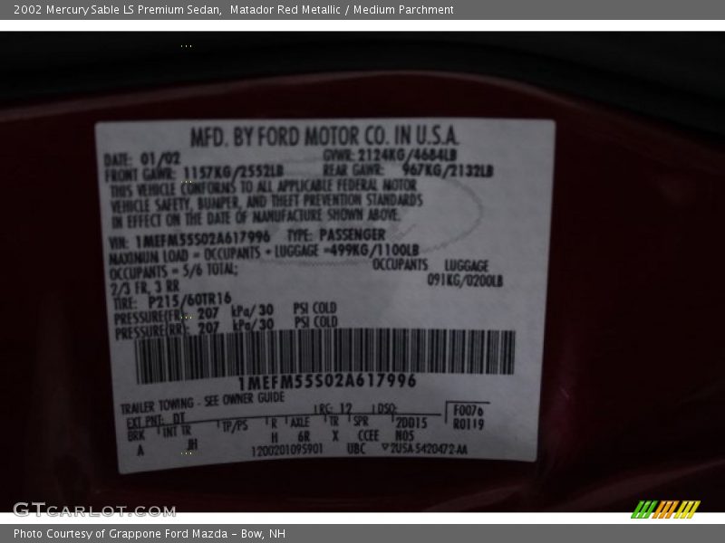 Matador Red Metallic / Medium Parchment 2002 Mercury Sable LS Premium Sedan