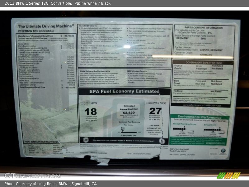  2012 1 Series 128i Convertible Window Sticker