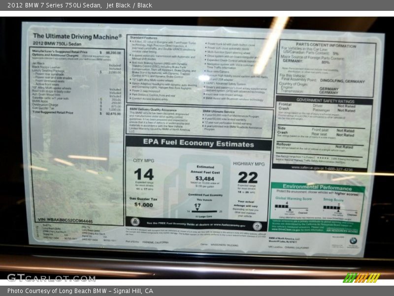  2012 7 Series 750Li Sedan Window Sticker
