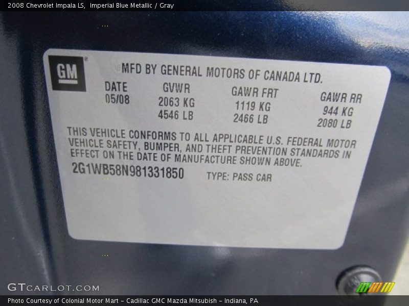 Imperial Blue Metallic / Gray 2008 Chevrolet Impala LS