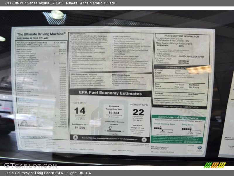  2012 7 Series Alpina B7 LWB Window Sticker