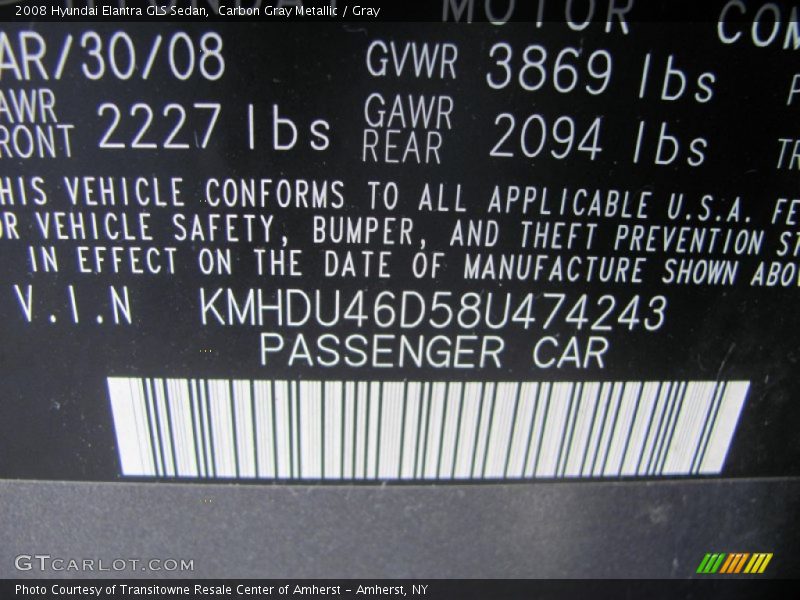 Carbon Gray Metallic / Gray 2008 Hyundai Elantra GLS Sedan