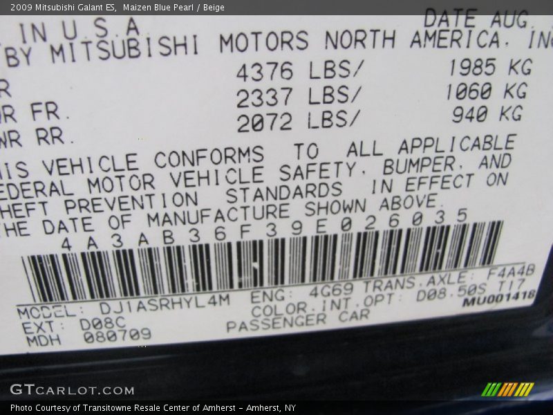 Maizen Blue Pearl / Beige 2009 Mitsubishi Galant ES