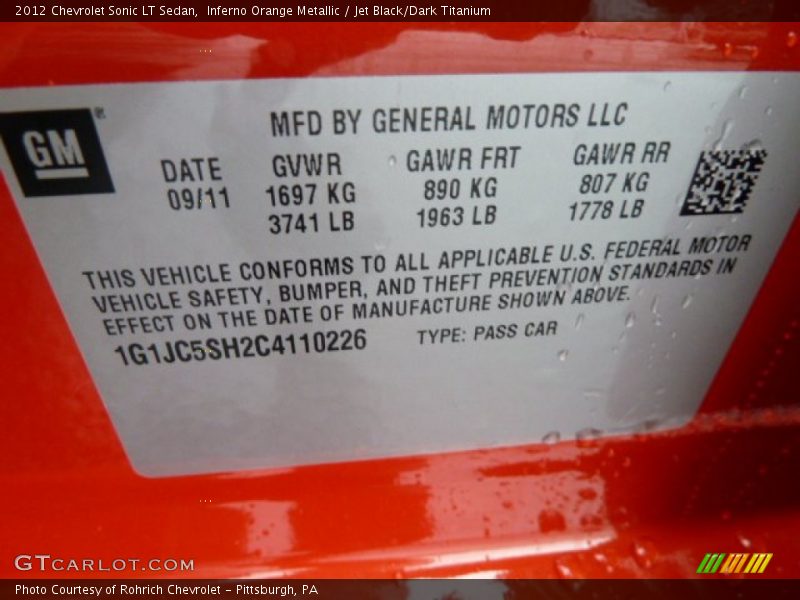 Info Tag of 2012 Sonic LT Sedan