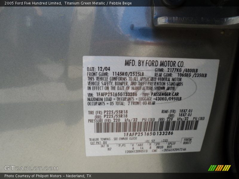 2005 Five Hundred Limited Titanium Green Metallic Color Code DV