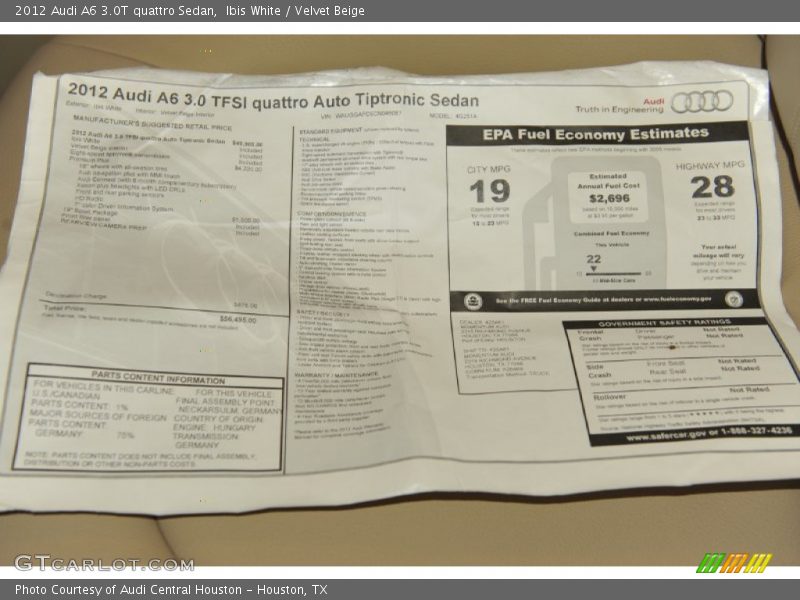  2012 A6 3.0T quattro Sedan Window Sticker
