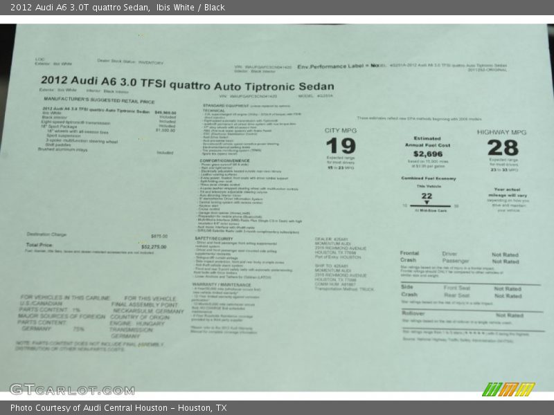  2012 A6 3.0T quattro Sedan Window Sticker