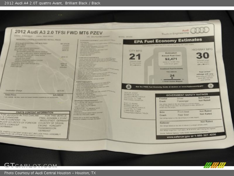  2012 A4 2.0T quattro Avant Window Sticker