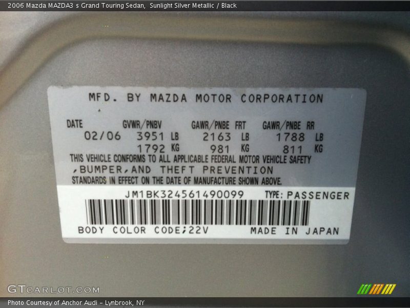 2006 MAZDA3 s Grand Touring Sedan Sunlight Silver Metallic Color Code 22V