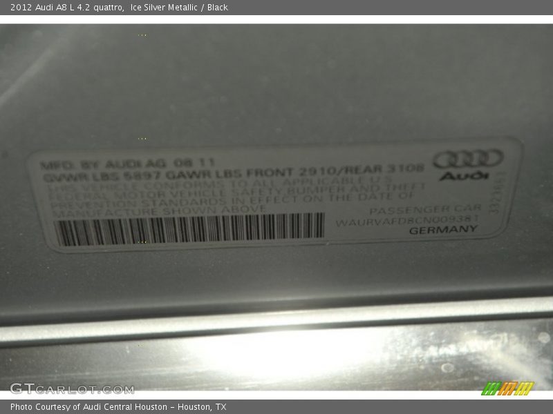 Ice Silver Metallic / Black 2012 Audi A8 L 4.2 quattro