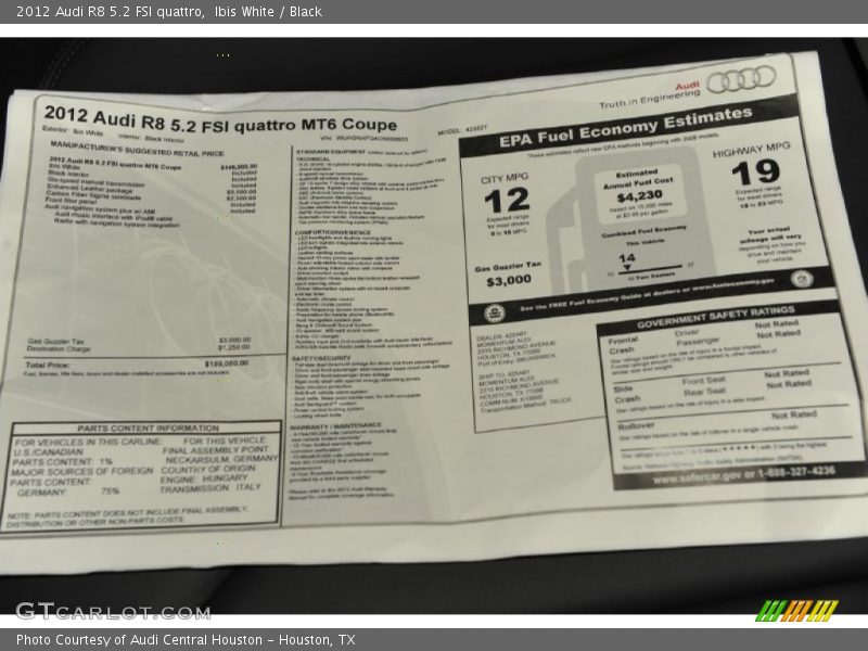  2012 R8 5.2 FSI quattro Window Sticker