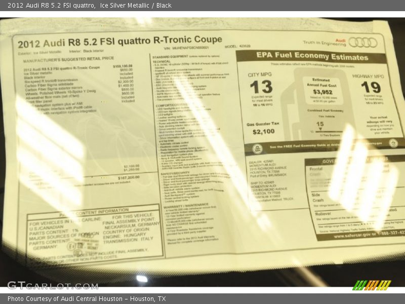  2012 R8 5.2 FSI quattro Window Sticker