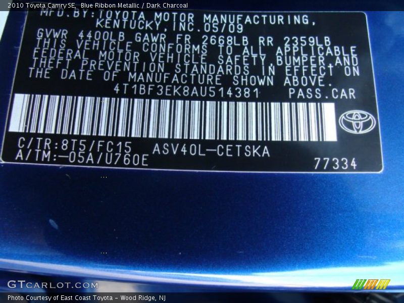 Blue Ribbon Metallic / Dark Charcoal 2010 Toyota Camry SE