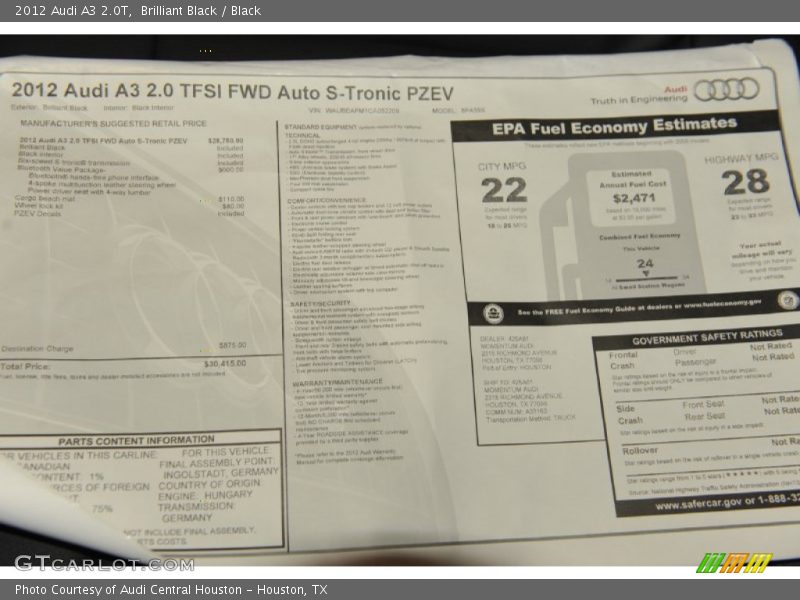  2012 A3 2.0T Window Sticker