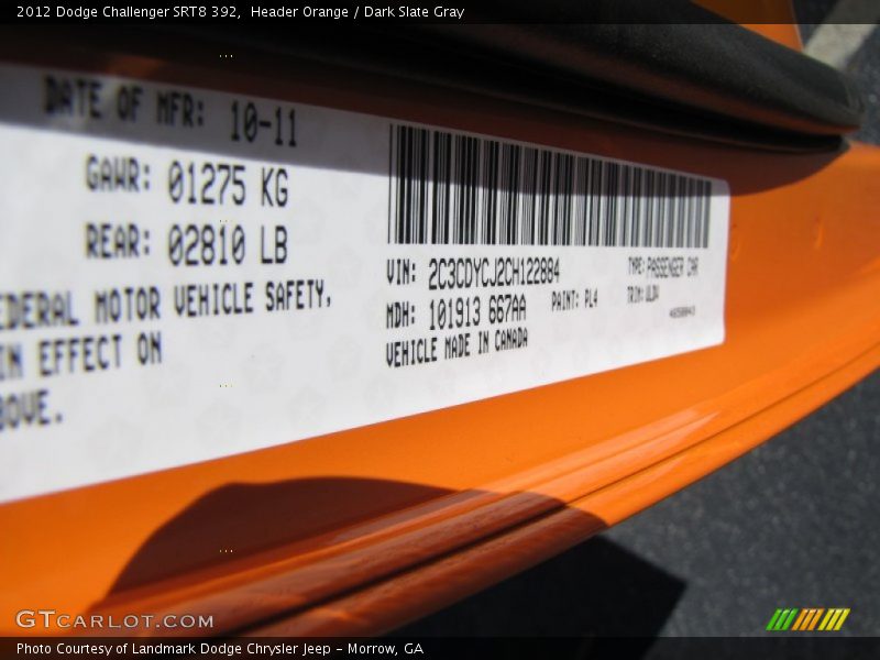 2012 Challenger SRT8 392 Header Orange Color Code PL4