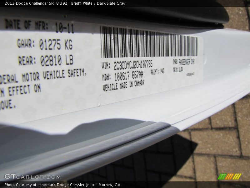 2012 Challenger SRT8 392 Bright White Color Code PW7
