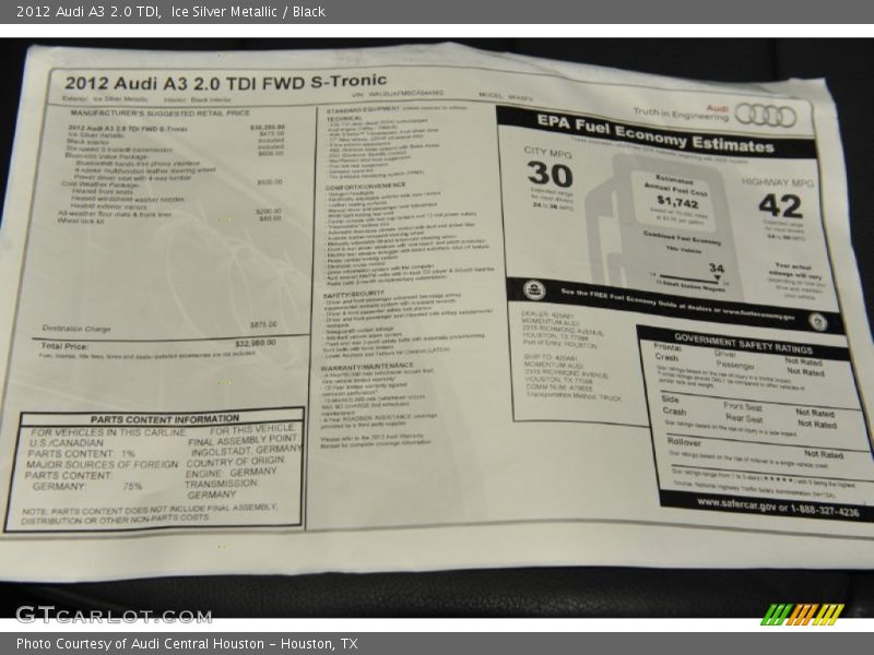  2012 A3 2.0 TDI Window Sticker