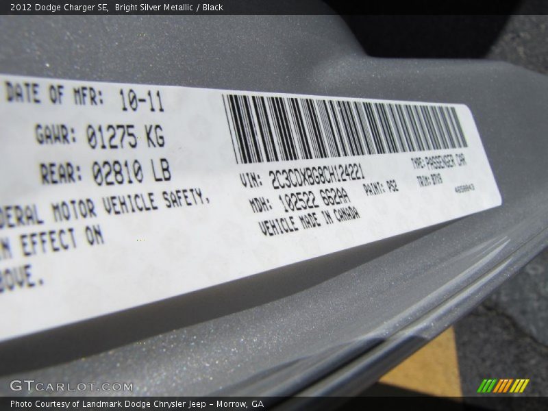 Bright Silver Metallic / Black 2012 Dodge Charger SE