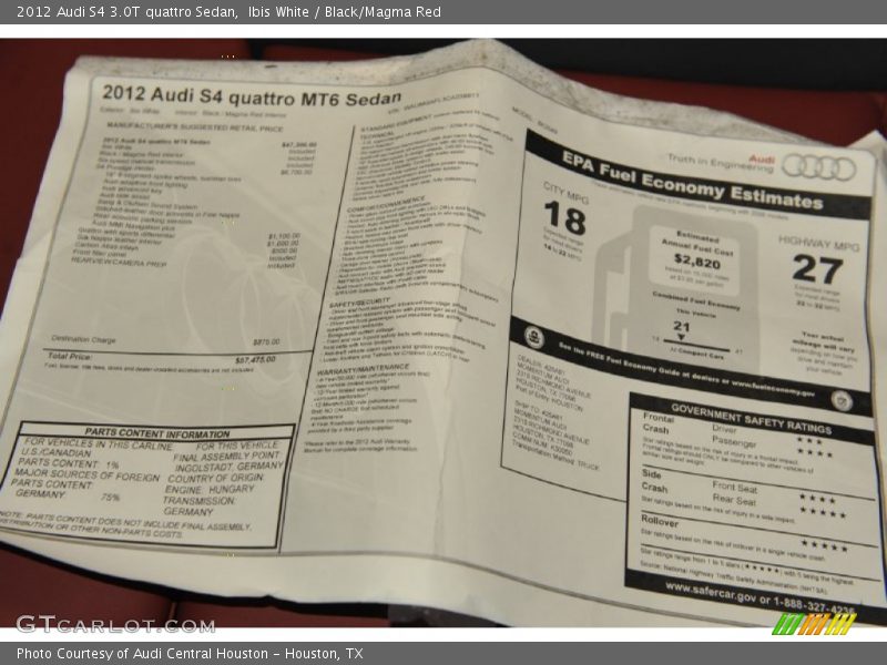  2012 S4 3.0T quattro Sedan Window Sticker