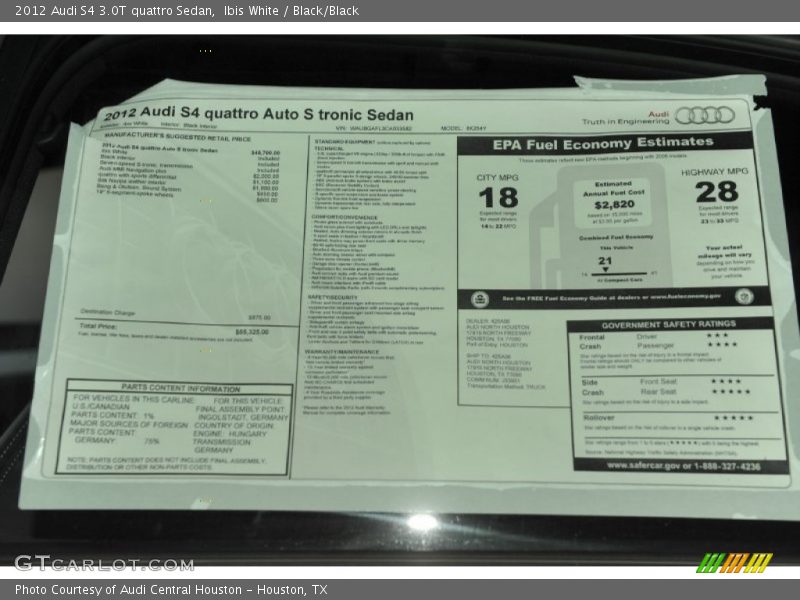  2012 S4 3.0T quattro Sedan Window Sticker