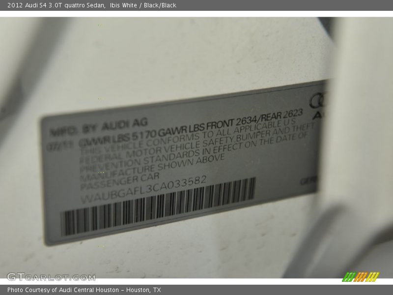 Info Tag of 2012 S4 3.0T quattro Sedan