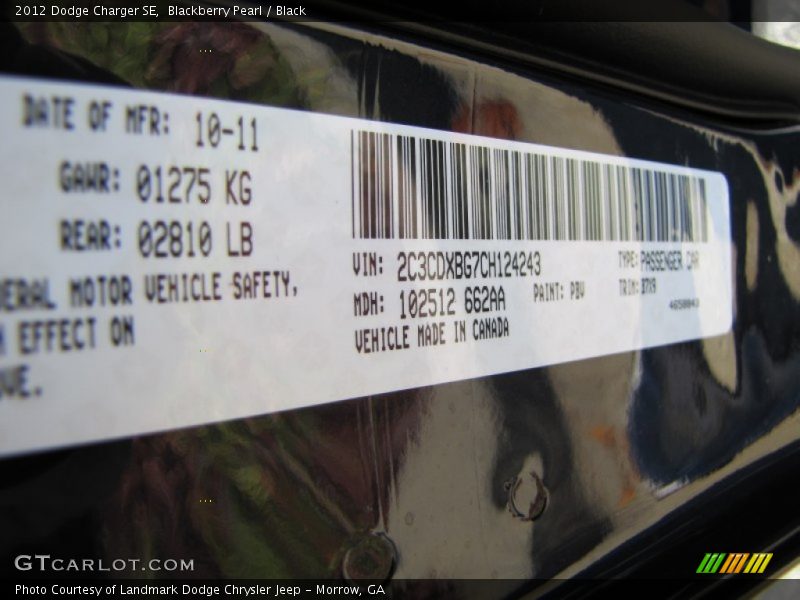 2012 Charger SE Blackberry Pearl Color Code PBV