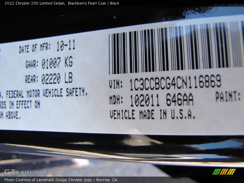 Info Tag of 2012 200 Limited Sedan