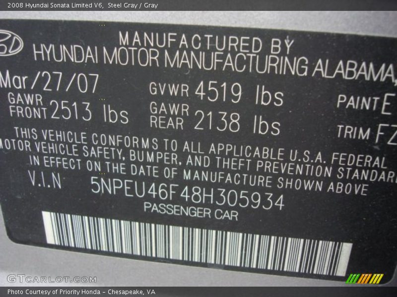 Steel Gray / Gray 2008 Hyundai Sonata Limited V6