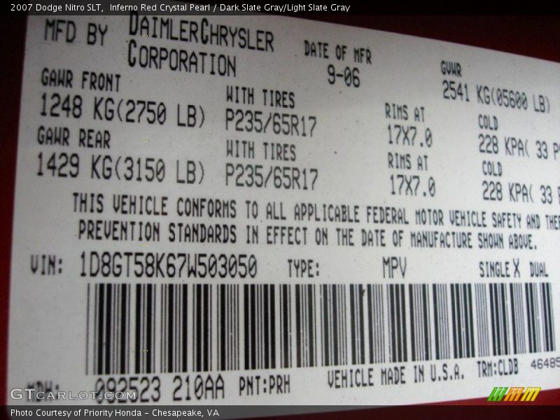 Inferno Red Crystal Pearl / Dark Slate Gray/Light Slate Gray 2007 Dodge Nitro SLT