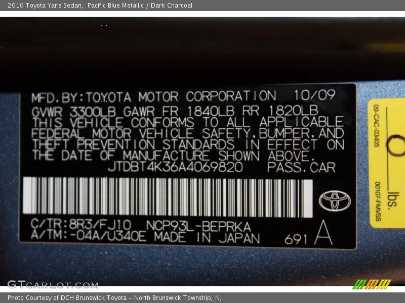 Pacific Blue Metallic / Dark Charcoal 2010 Toyota Yaris Sedan