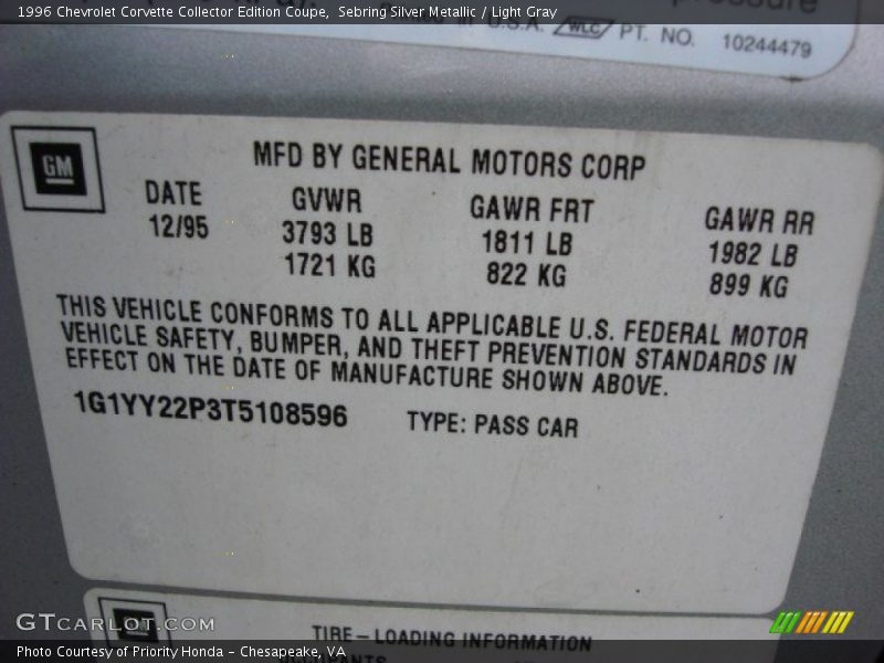 Info Tag of 1996 Corvette Collector Edition Coupe