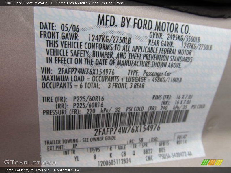 2006 Crown Victoria LX Silver Birch Metallic Color Code JP