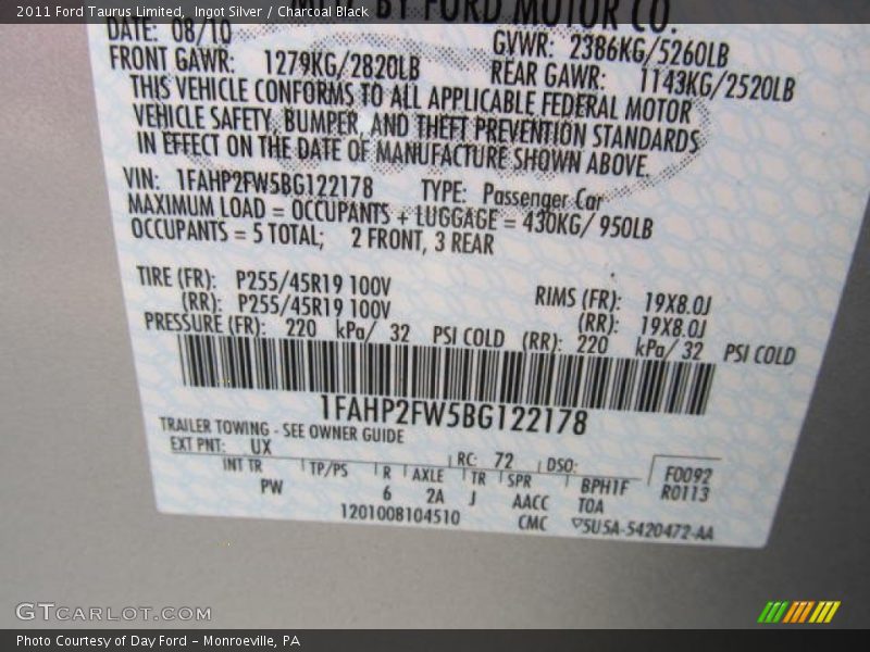 Ingot Silver / Charcoal Black 2011 Ford Taurus Limited