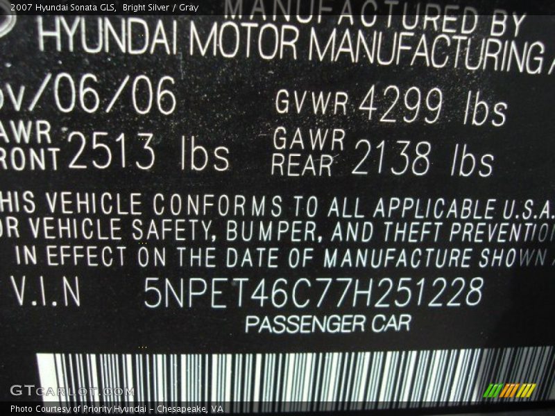 Bright Silver / Gray 2007 Hyundai Sonata GLS