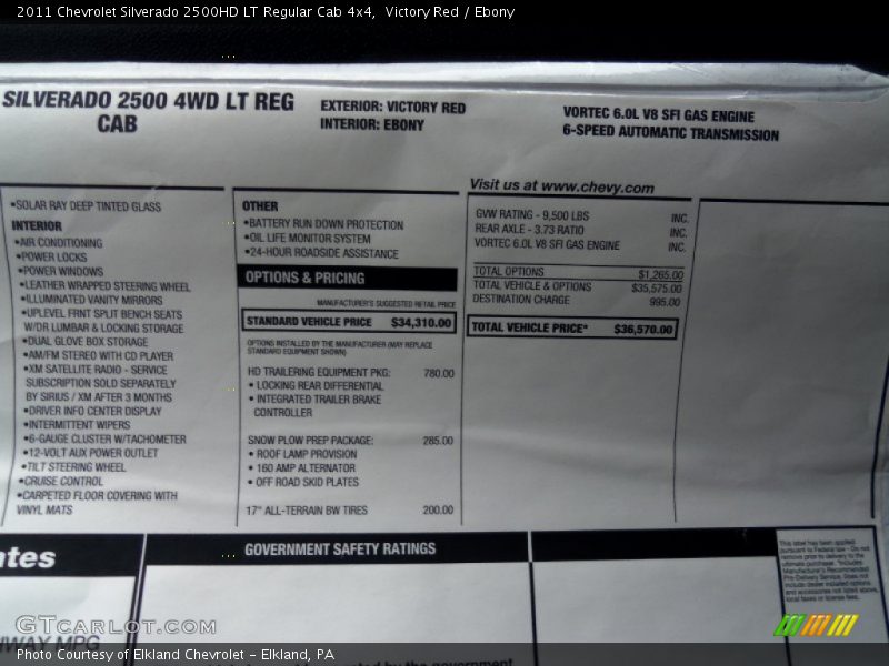  2011 Silverado 2500HD LT Regular Cab 4x4 Window Sticker