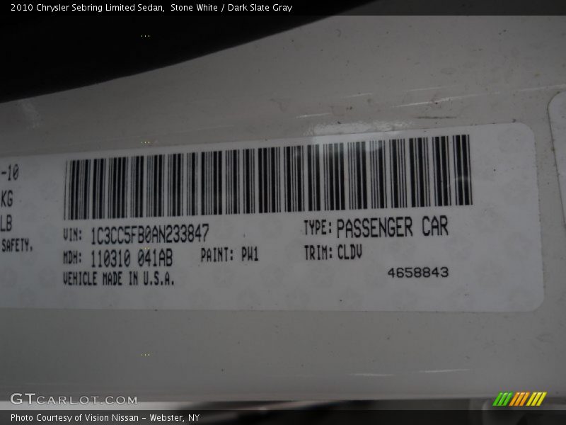 Stone White / Dark Slate Gray 2010 Chrysler Sebring Limited Sedan