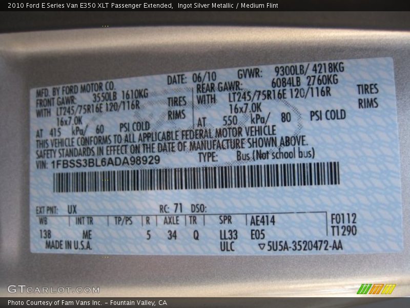 Ingot Silver Metallic / Medium Flint 2010 Ford E Series Van E350 XLT Passenger Extended