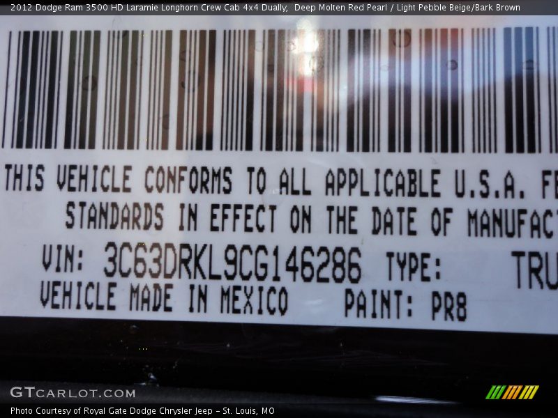 2012 Ram 3500 HD Laramie Longhorn Crew Cab 4x4 Dually Deep Molten Red Pearl Color Code PR8