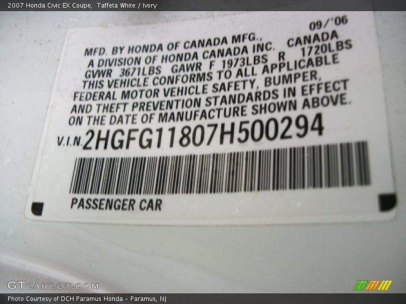 Taffeta White / Ivory 2007 Honda Civic EX Coupe