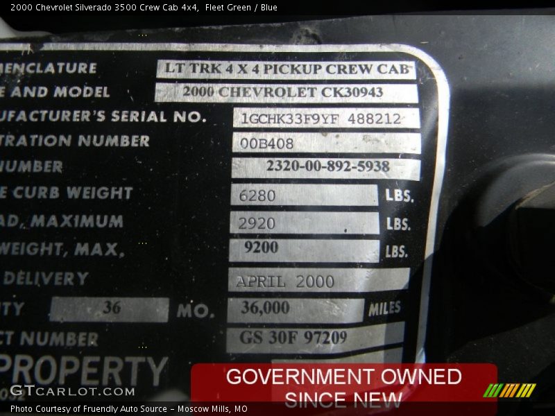 Info Tag of 2000 Silverado 3500 Crew Cab 4x4