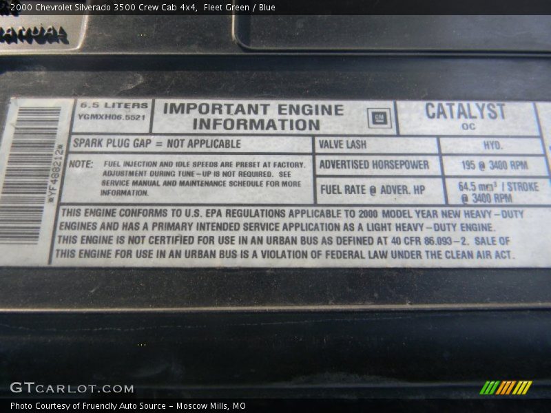 Info Tag of 2000 Silverado 3500 Crew Cab 4x4