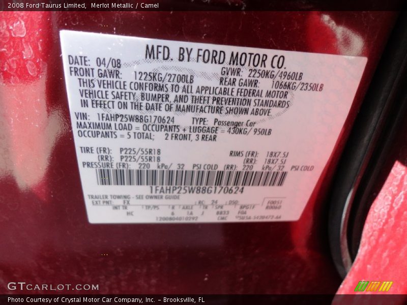 2008 Taurus Limited Merlot Metallic Color Code FX