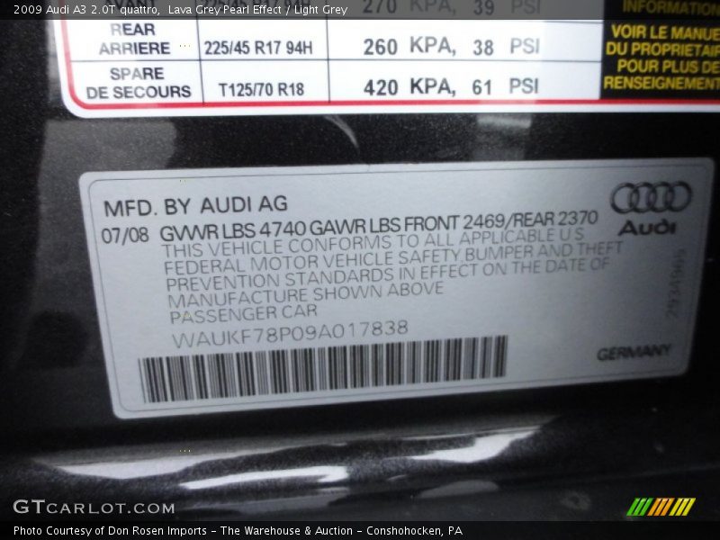 Info Tag of 2009 A3 2.0T quattro