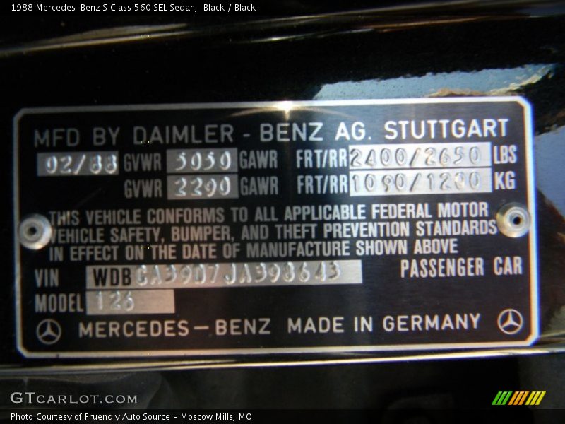 Info Tag of 1988 S Class 560 SEL Sedan