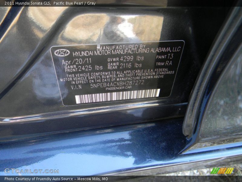 Pacific Blue Pearl / Gray 2011 Hyundai Sonata GLS