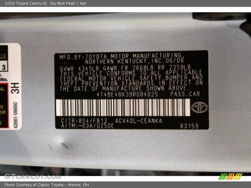 2009 Camry LE Sky Blue Pearl Color Code 8S4